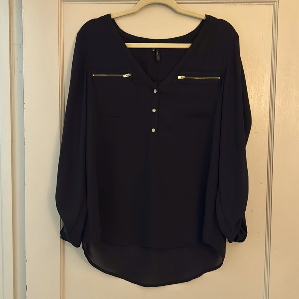 Sheer Black Tunic Style Top with Gold Zipper and Button Accents